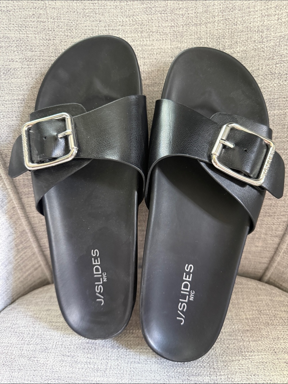 J/SLIDES Women’s Black Leather Slide Sandals with Silver Buckles